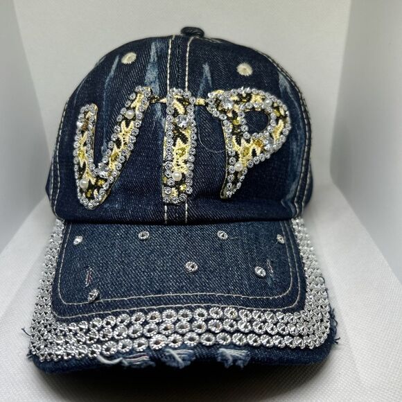 VIP Rhinestone Denim Baseball Cap – Bling Studded Jeweled Hat - Picture 1 of 5